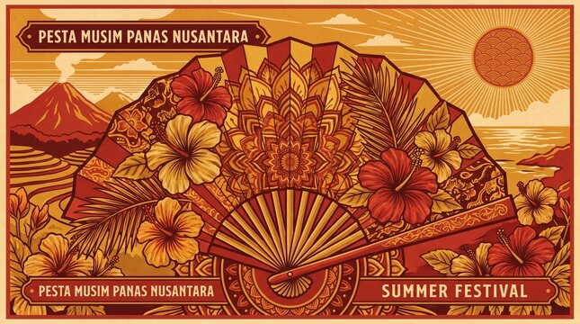 Vintage style Indonesian summer festival poster illustration featuring a traditional folding fan adorned with hibiscus flowers and tropical landscape