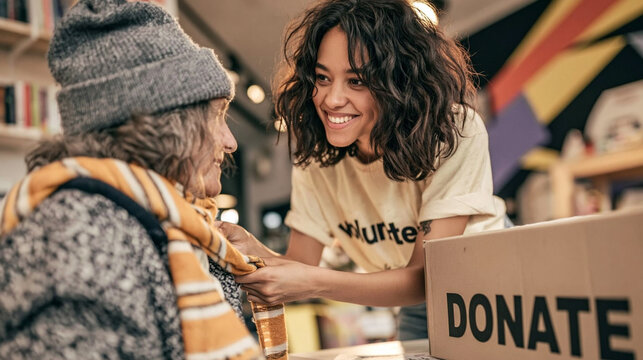 A Kind Act of Giving: A smiling volunteer helps a person in need, demonstrating compassion and generosity as they donate items for a good cause.