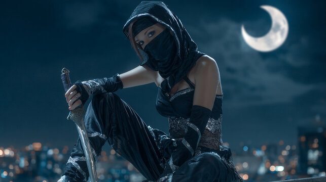 Fierce female ninja wearing black traditional clothing holds sharp silver samurai sword with intense focused expression