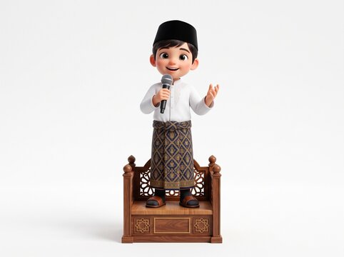 Cute 3D Cartoon Muslim Boy Giving a Speech with Microphone on Traditional Wooden Podium