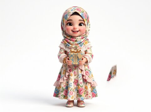 Sweet 3D character illustration of a happy young girl in a vibrant floral hijab and dress, smiling while holding a gift, symbolizing joy and festive occasions
