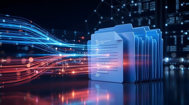 High speed data migration stream entering digital folders representing cloud computing and database storage