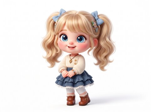 Cute 3D Cartoon Little Girl Character with Blonde Pigtails and Blue Bows in Casual Outfit on White Background