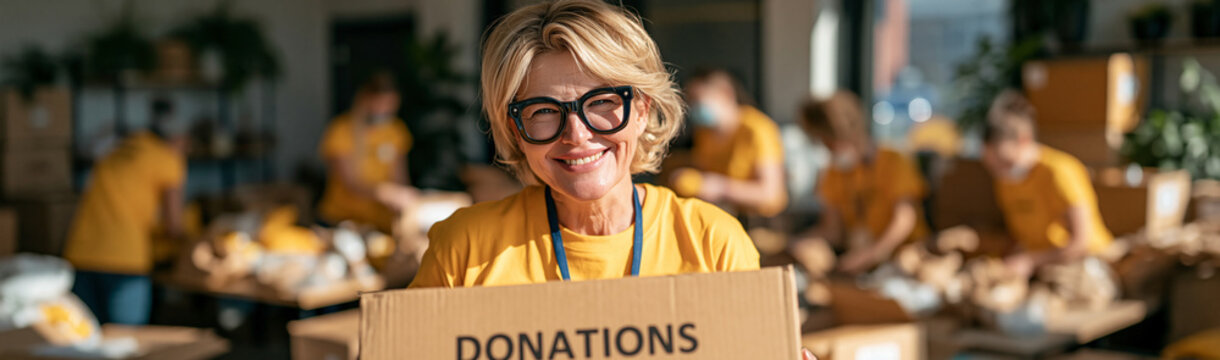 Charity Work in Action: A smiling woman with glasses and a yellow t-shirt holds a Donations box, while volunteers in the background package goods, signifying community support and altruism.