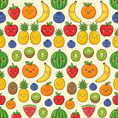 Fototapeta premium Cute Colorful Seamless Fruit Pattern with Strawberry, Orange, Banana, Pineapple, Watermelon, Blueberry and Kiwi for Summer Fabric Design
