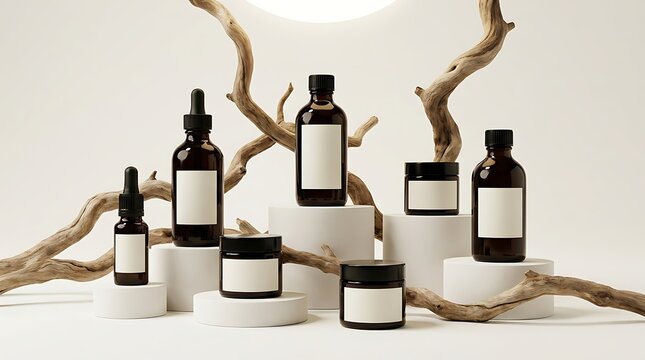 Organic skincare essential oil products with natural ingredients for wellness and professional cosmetic branding display
