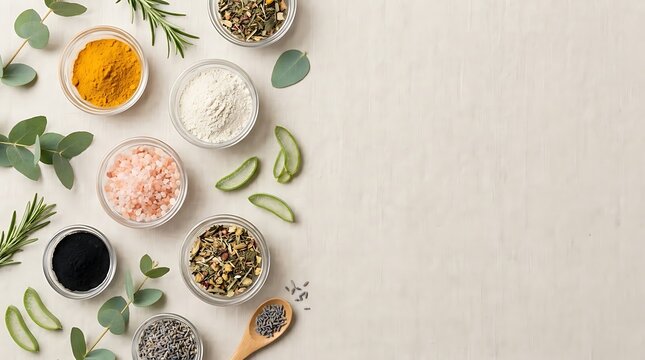 Top view of skincare essential oil and natural ingredients for wellness and organic cosmetic product background