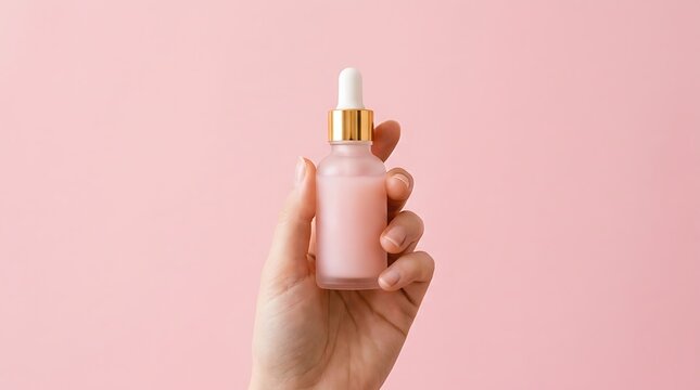 Hand holding a skincare essential oil bottle with natural ingredients for wellness and cosmetic beauty routines