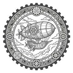 Naklejka premium Steampunk Airship in Gear Frame Detailed Illustration.