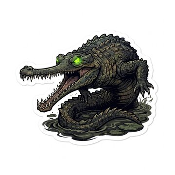 Terrifying Prehistoric Gharial Crocodile Needle Snout Vector Sticker Logo