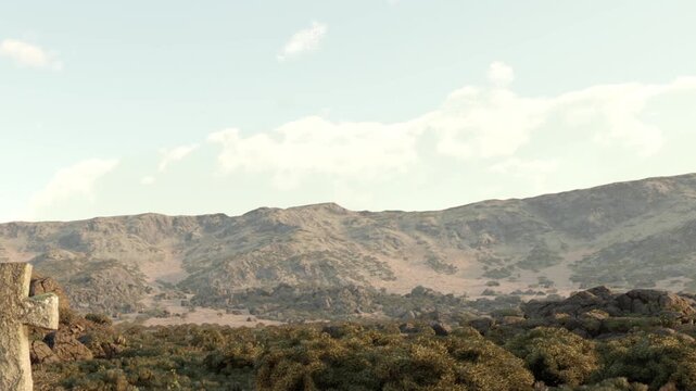 In a dry area, large rocky hills rise in the background. The ground has sparse vegetation and a clear blue sky is above. The scene shows a typical natural environment.