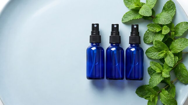 Blue glass bottles for skincare essential oil with natural ingredients for wellness and cosmetic beauty routine