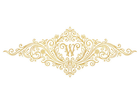 Luxury gold monogram letter W crest with ornate baroque flourishes and vintage filigree. Elegant golden heraldic emblem featuring intricate floral swirls and royal Victorian scrollwork on a
