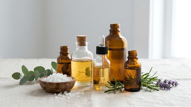 Natural skincare essential oil bottles with organic ingredients for a healthy wellness and cosmetic routine