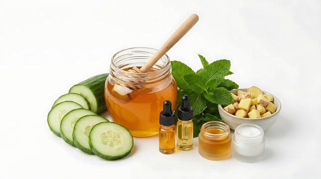 Natural ingredients for skincare and cosmetic wellness featuring honey and essential oil on white background