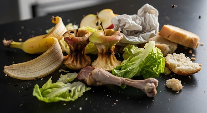 Assorted food waste including fruit peels bones and lettuce on black surface