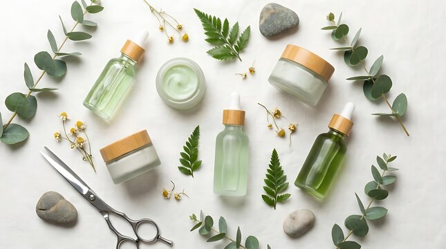 Natural ingredients skincare cosmetic products with essential oil for a healthy wellness beauty routine flat lay