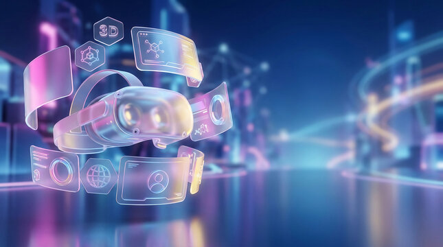 3D glassmorphism virtual reality headset with floating digital interface panels on neon dark copy space background.