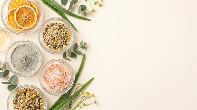 Natural ingredients for skincare and cosmetic essential oil wellness products on a light background