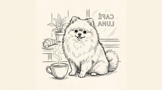 Charming sketch of a fluffy Pomeranian dog sitting beside a steaming cup of coffee and a croissant, with a plant and window in the background