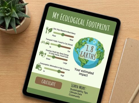 Ecological footprint calculator app on a digital tablet next to a plant and notebook