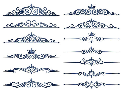 Vintage calligraphic dividers and ornate scroll borders, 12 decorative filigree elements in dark blue ink. Elegant Victorian flourish collection with crown motifs and baroque swirls for wedding