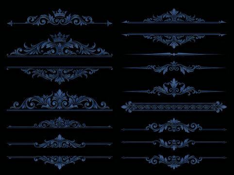 Vintage baroque dividers and ornate floral borders set, dark blue gothic filigree headers with royal crown motifs on black background. Elegant victorian scrollwork collection for luxury wedding