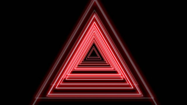 Abstract red neon triangle tunnel moving through light speed gateway.