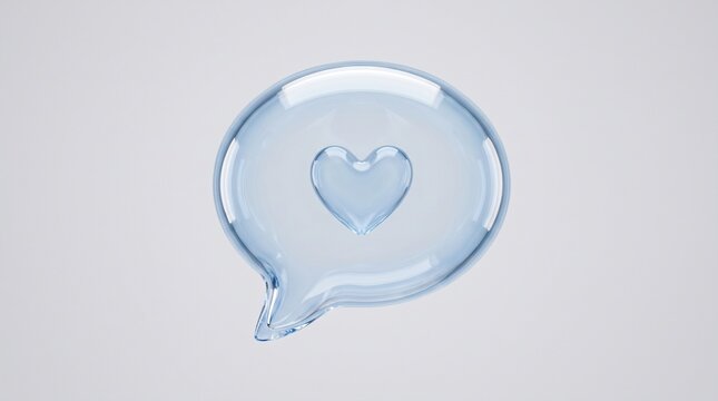 A clear, transparent bubble with a heart shape inside, symbolizing love, communication, and affection, rendered in a smooth, glossy style on a plain background
