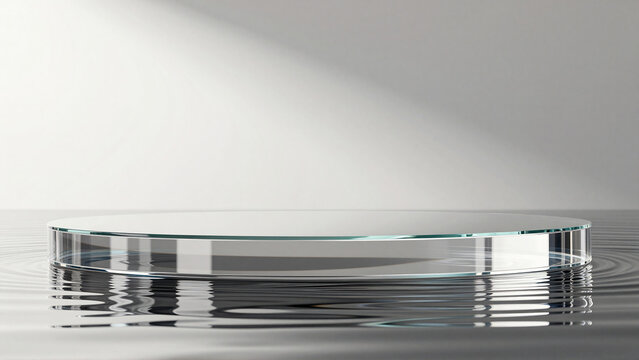 Glass podium on water surface for product presentation