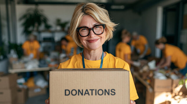 Compassionate Giver: A smiling woman wearing glasses and a yellow t-shirt holds a donation box in front of other volunteers working in the background.