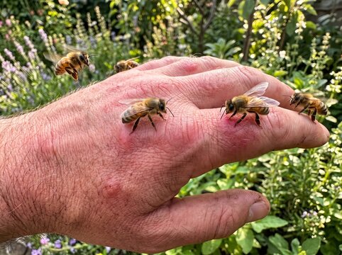 Close up view of honey bees crawling on a human hand showing red skin irritation from multiple stings
