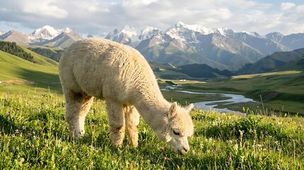 Naklejka premium Alpaca grazing in green mountain meadow with snow peaks.