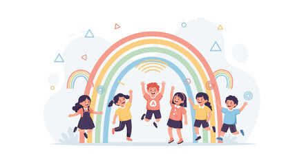 Fototapeta premium Diverse Children Jumping Joyfully Under a Vibrant Rainbow in a Whimsical Illustration