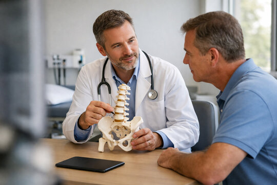 Physician explains treatment plan with anatomical model during private clinic consultation, supporting patient education, diagnosis understanding, personalized care and shared medical decisions.