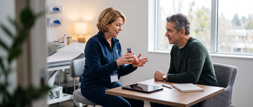 Physician explains treatment plan with anatomical model during private clinic consultation, supporting patient education, diagnosis understanding, personalized care and shared medical decisions.