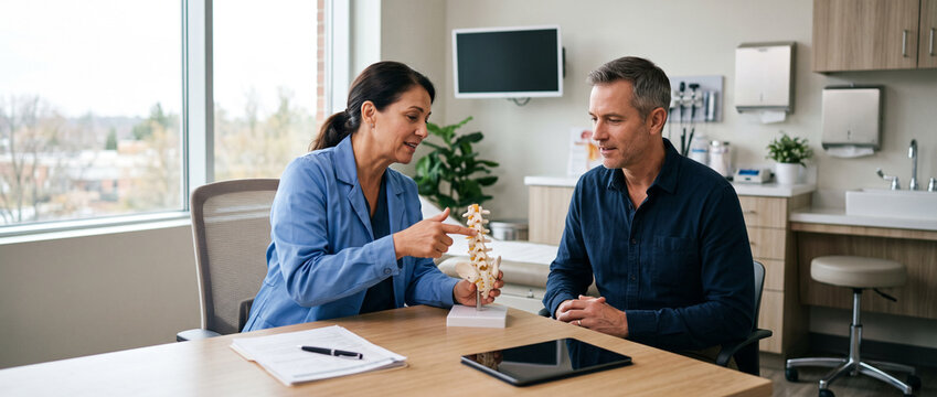 Physician explains treatment plan with anatomical model during private clinic consultation, supporting patient education, diagnosis understanding, personalized care and shared medical decisions.