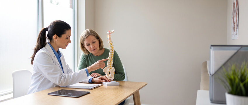Physician explains treatment plan with anatomical model during private clinic consultation, supporting patient education, diagnosis understanding, personalized care and shared medical decisions.