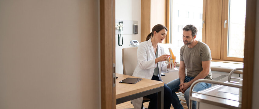 Physician explains treatment plan with anatomical model during private clinic consultation, supporting patient education, diagnosis understanding, personalized care and shared medical decisions.