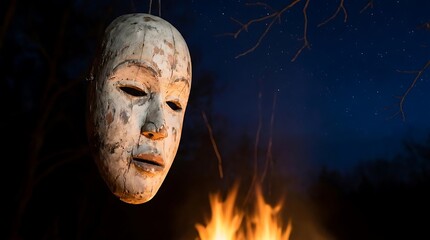 Obraz premium Ancient mask hanging near campfire in dark forest.