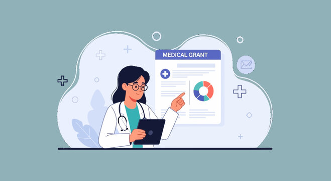Doctor presenting medical grant proposal, showing financial data and charts on a tablet and document, healthcare research concept
