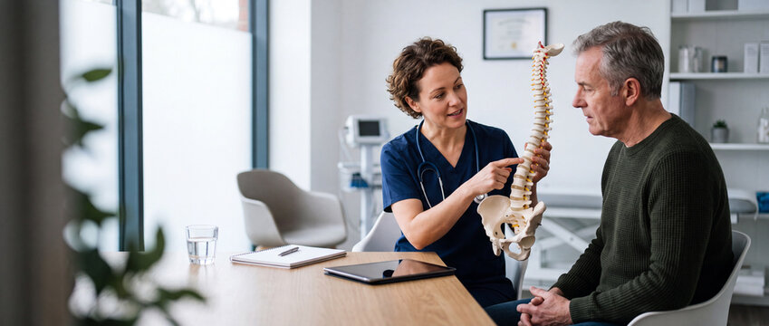 Physician explains treatment plan with anatomical model during private clinic consultation, supporting patient education, diagnosis understanding, personalized care and shared medical decisions.