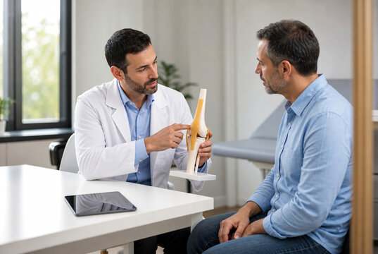 Physician explains treatment plan with anatomical model during private clinic consultation, supporting patient education, diagnosis understanding, personalized care and shared medical decisions.