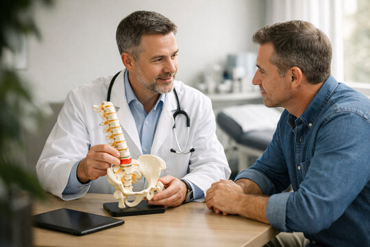 Physician explains treatment plan with anatomical model during private clinic consultation, supporting patient education, diagnosis understanding, personalized care and shared medical decisions.