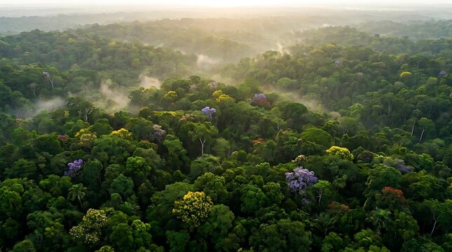 Aerial view of misty tropical rainforest canopy.