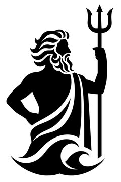 Black silhouette of Poseidon with flowing hair, beard, and trident, lower body merging into ocean waves, bold vector design symbolizing sea power in Greek mythology.