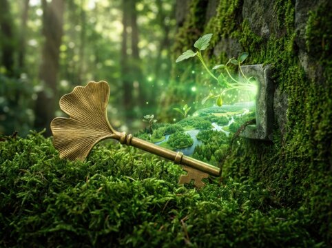 Conceptual golden key with delicate leaf handle resting on forest moss representing access to green solutions