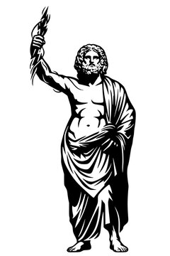 Black silhouette of Zeus in flowing robe holding lightning bolt, bold vector design symbolizing authority, thunder, and divine power in Greek mythology.