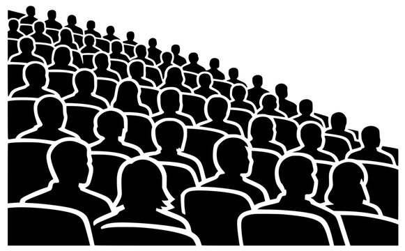 Crowd audience silhouette in theater seats, group of people watching show, isolated black icon for cinema, conference, entertainment, event concept.