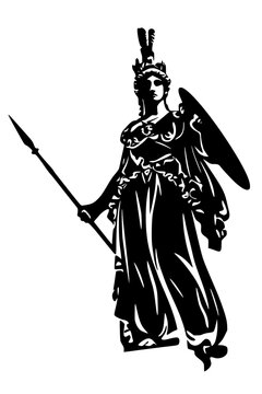Black silhouette of Athena in flowing robe with helmet, spear, and shield, bold vector design symbolizing wisdom, warfare, and strategy in Greek mythology.